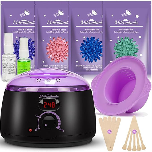 Waxing Kit -Digital Wax Warmer Machine for Hair Removal with 4 Packs of Hard Wax Beads & Silicone Pot for Full Body, Legs, Face, Eyebrows, Bikini, Brazilian at Home Waxing Kit for Women Men