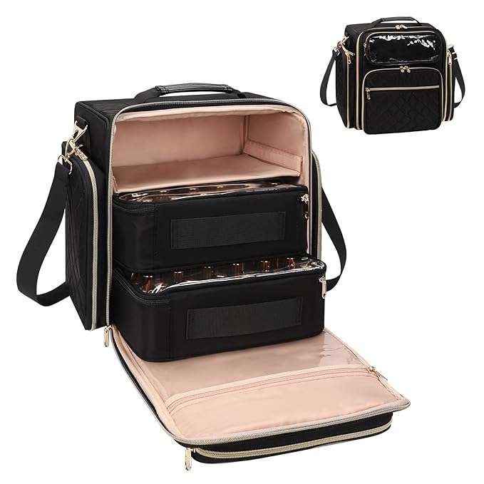 OCHEAL Nail Polish Organizer Case for 50-60 Bottles (15ml) - Portable Manicure Storage Bag with 2 Detachable Pouches, Nail Lamp Compartment & Tools Sections - Travel-Friendly Cosmetic Carrying,Black