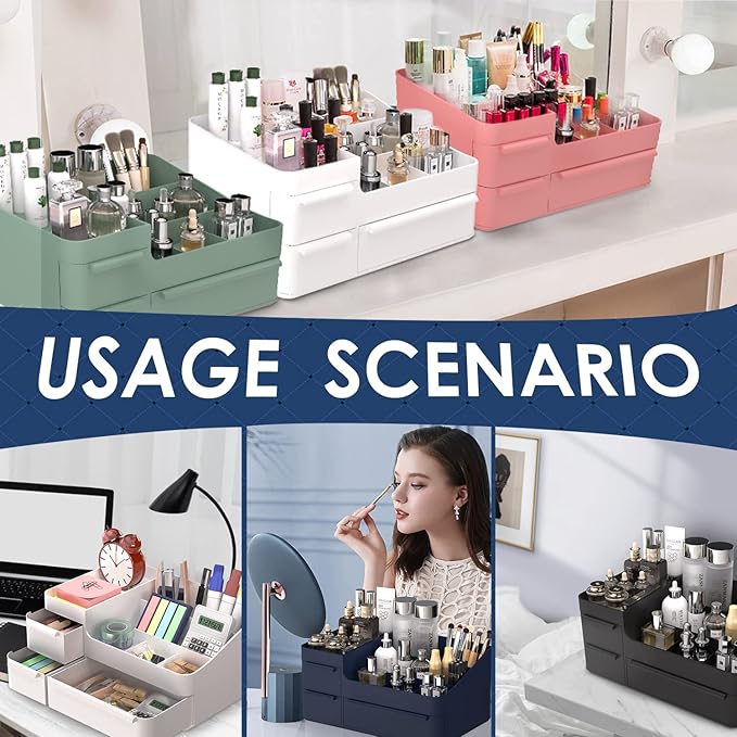 Makeup Organizer for Vanity, Bathroom Countertop Storage Display Boxes Case,Stackable Cosmetic Holder for Jewelry Hair Accessories Beauty Skincare Product Organizing with drawer organizer tray, Black