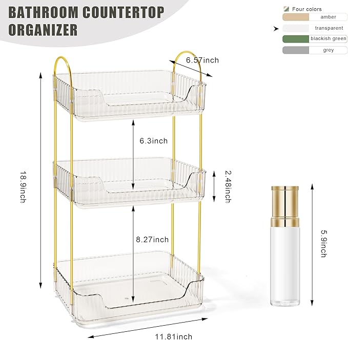 Bathroom Counter Organizer Countertop Storage Skincare Countertop Makeup Organizer Cosmetics Skincare Organizers Holder for Perfume-Clear-Golden Pole-3 Tier