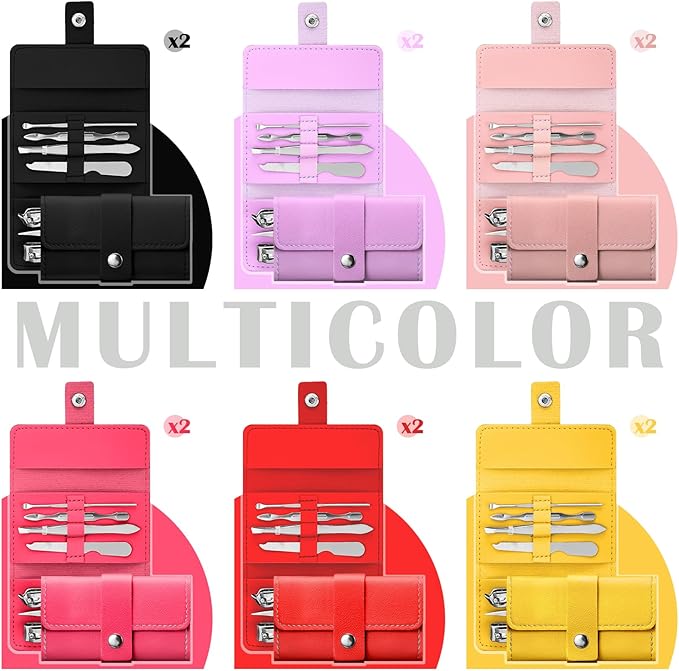 WILLBOND 12 Sets Manicure Set Nail Clippers Pedicure Kit 7 in 1 Stainless Steel Professional Pedicure Set Grooming Kits Nail Care Tools with Travel Case Multi Color(Bright Colors)