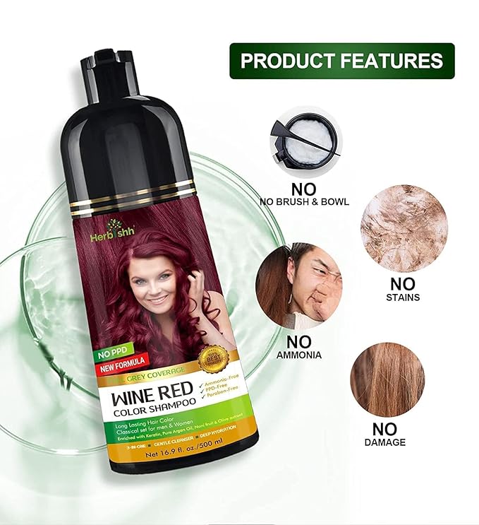 Combo Pack - Herbishh Hair Color Shampoo for Gray Hair + Argan Intense Hair Mask - Hair Dye Colors in Minutes - Long-lasting - 500 Ml - Stimulates Dry, Frizzy Hair (Wine Red)