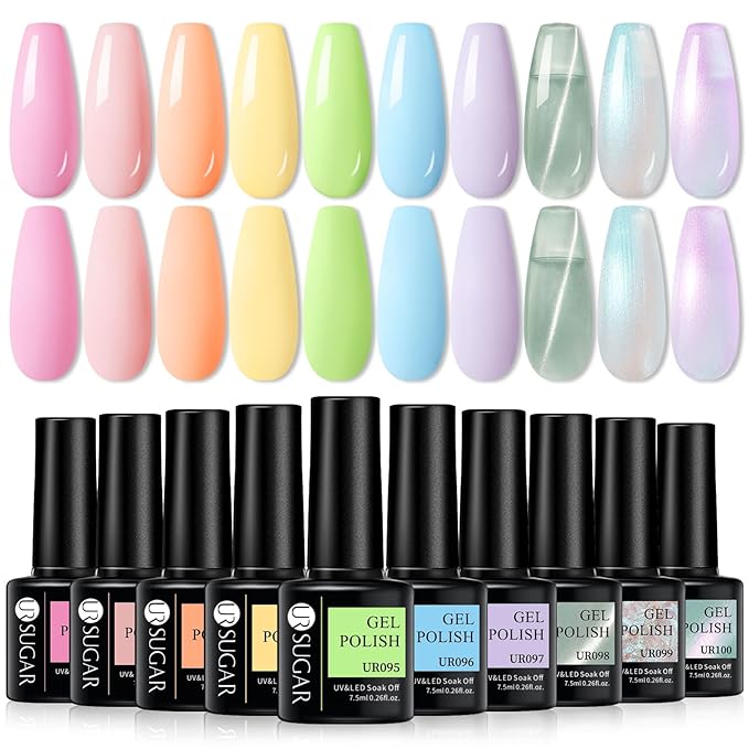 UR SUGAR Pastel Gel Nail Polish,10 Colors Easter Spring Summer Gel Polish Set Pastel Light Color Pink Yellow Green Blue Macaroon Candy Sweet Colors Soak Off Gel Polish Easter Gifts for Women Girls