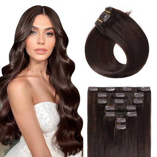 YILITE Clip in Hair Extensions Real Human Hair 20 Inch 80g 7pcs #2 Dark Brown Hair Extensions Human Hair Clip in Extensions Soft Double Weft Straight Hair Extensions for Women 16clips/Pack