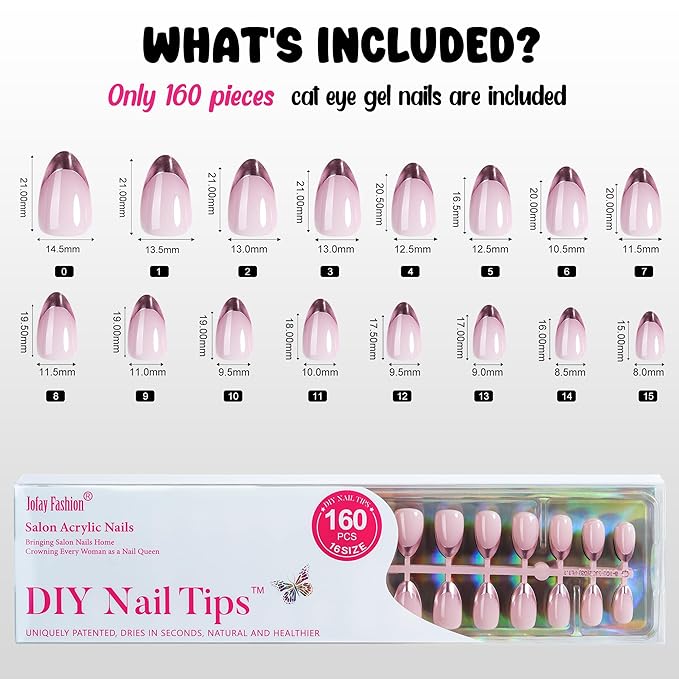 Chrome French Tip Press on Nails - Almond Press on Nails Short, French Nails Soft Gel Nails False Nail, Stick On Nails in 16 Sizes -160PCS Soft Gel Fake Nails Kit for Valentines Day Gift