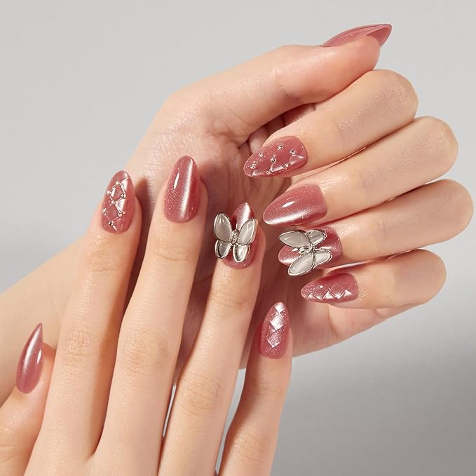 VSALON Short Almond Press-On Nails - Pink Cat Eye 3D Chrome Design, Reusable Fake Nails with Nail Glue, Protector Cuticle Oil, Easy Tabs & Mini Nail File - 32 PCS in 16 Sizes (Belle Ailes)