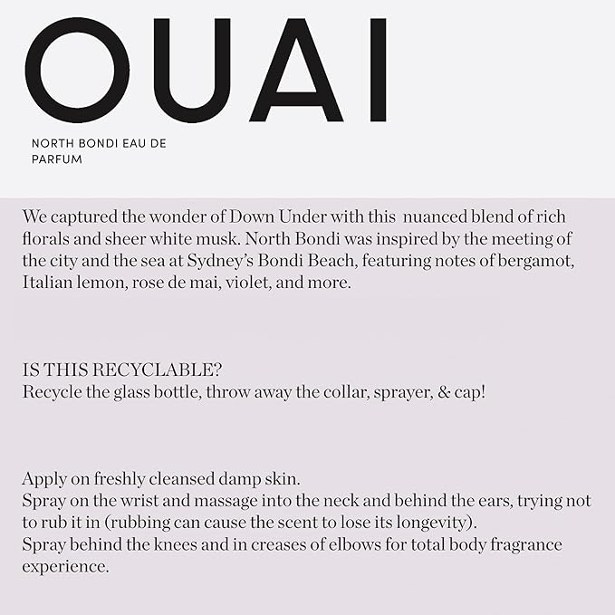 OUAI North Bondi Eau de Parfum Travel Size - Elegant Womens Perfume for Everyday Wear - Fresh Floral Scent has Notes of Lemon, Jasmine & Bergamot with Delicate Hints of Violet and White Musk (.34 Oz)