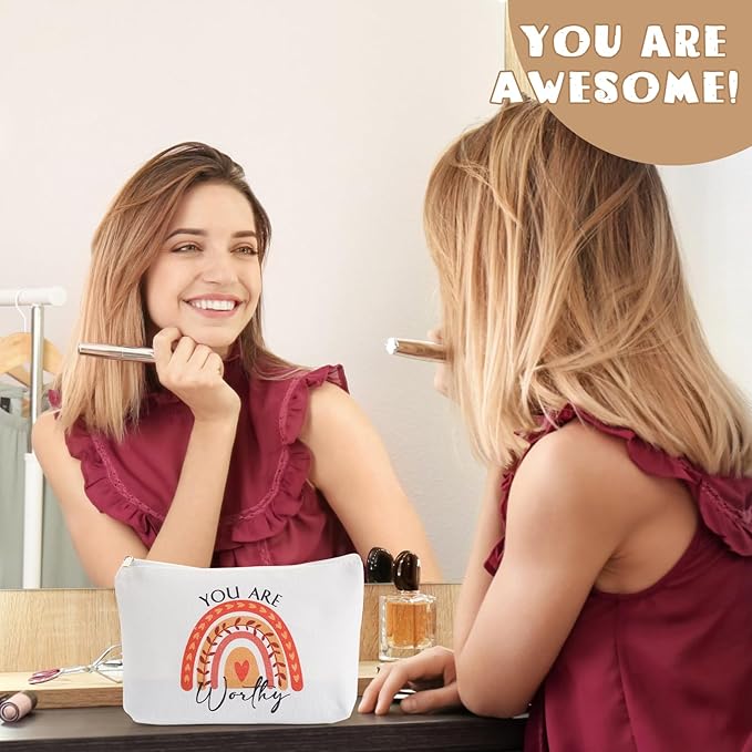 Sieral 40 Pcs Rainbow Cosmetic Bags Rainbow Keychains Set Inspirational Canvas Cosmetic Bags Bulk You are Amazing Makeup Bag Motivational Keychains for Women Teacher Students Coworker Thank You Gift