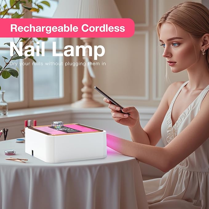 268W Cordless UV Nail Lamp, Rechargeable UV Light for Gel Nails with Unique Knob, New Dual Lamp Beads & Sparkling Rhinestones Diamond, Professional Nail Dryer for Nail Salon & Home (Pink)