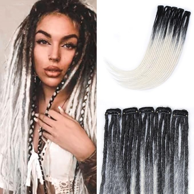 20 Strands 5 Clips In Dreadlock Extensions, 24 inch Gray to White Synthetic Clip In Dreads Extensions for Woman