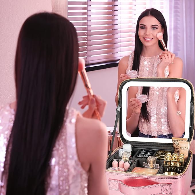 Makeup Travel Train Case with Mirror LED Light 3 Adjustable Brightness Cosmetic Bag Portable Storage Adjustable Partition Waterproof Makeup Brushes Makeup Jewelry Gift for Women