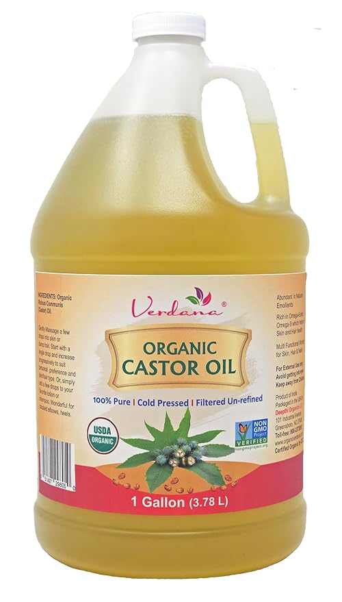 Verdana Organic Castor Oil – 1 Gallon Bulk Size – Cold Pressed, Unrefined, Hexane-Free – USDA Organic – Natural Moisturizer for Hair Growth, Eyelashes, Skin, Scalp & Castor Oil Packs
