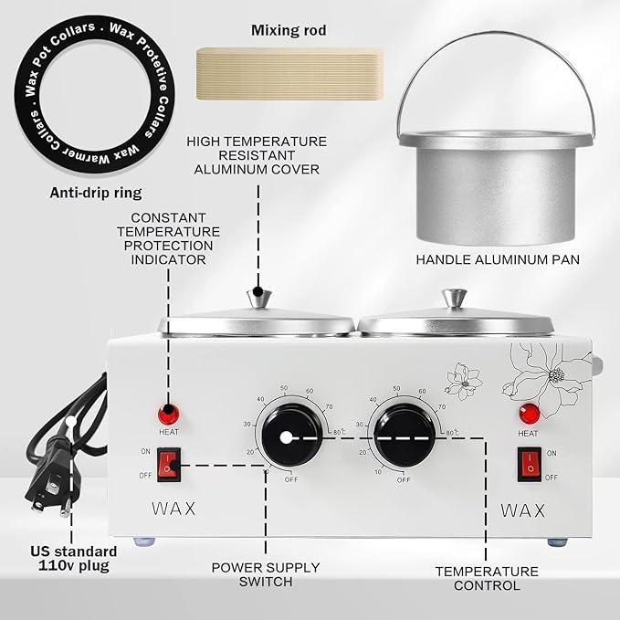 1.2L Double Wax Warmer Machine for Hair Removal, Professional Electric Wax Heater with Adjustable Temperature, Including 40PCS Wooden Wax Sticks
