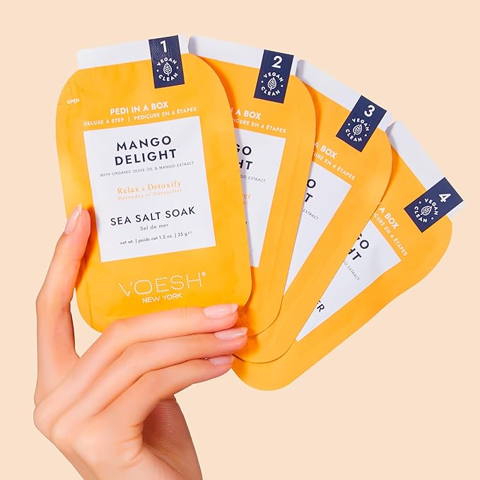 VOESH Pedi in a Box 4 Step Mango Delight - 3 Pack, Pedicure Set, at-Home Pedicure, DIY Pedi, Foot Treatment, Pedicure Supplies, Foot Spa, Foot Care