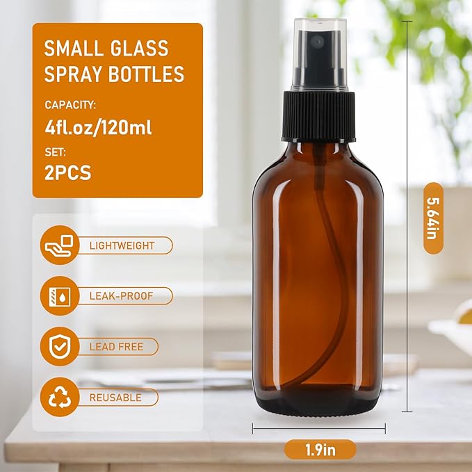 120ml Glass Spray Bottles with Fine Mist Sprayer 2Pack, Small Amber Glass Spray Bottles 4 oz for Perfumes,Cleaning Products,Pet Spray (4fl.oz, Set of 2)