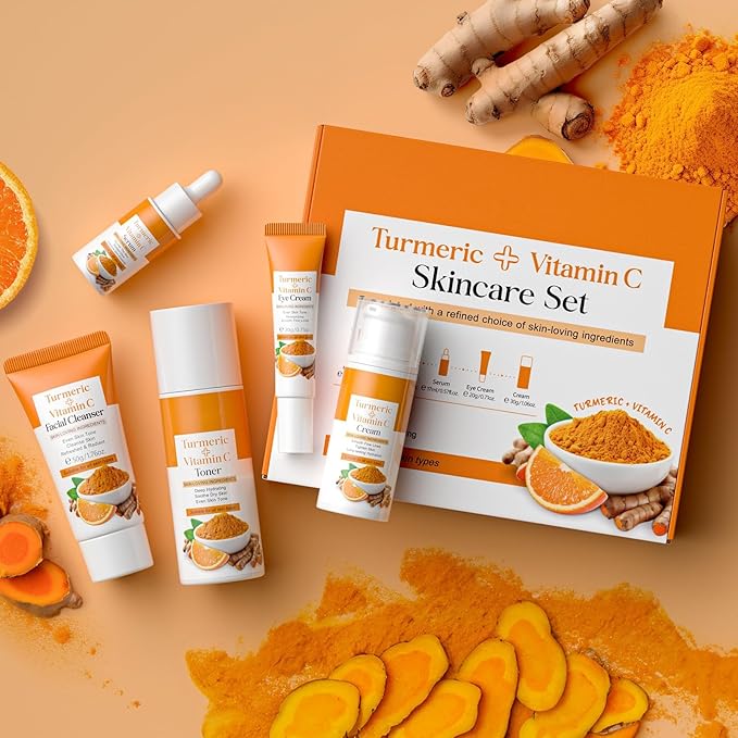 Skin Care Set, Turmeric Skincare Set for Acne Treament, Facial Turmeric Skin Care Sets & Kits for Teenage Girls with Turmeric Cleanser,Serum,Cream,Toner,Eye Cream, Facial Beauty Skincare Gifts