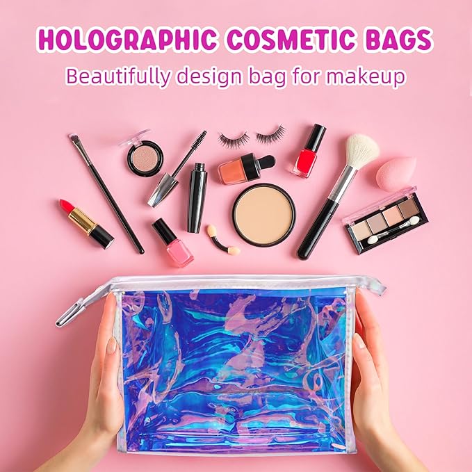 Zwish 2Pack Holographic Makeup Bags Bulk, Iridescent Pouch Portable Zippered Toiletry , Travel Makeup Brush Holder, Makeup Organizer, Waterproof Cosmetic , Gift Bags for Women