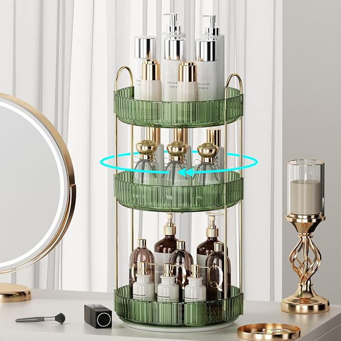 360° Rotating Makeup Organizer for Vanity - 3 Tier Perfume Organizer with Large Capacity - Skincare Organizer for Bathroom Counter - Space-Saving Cosmetic Storage for Dresser Countertop (Green)