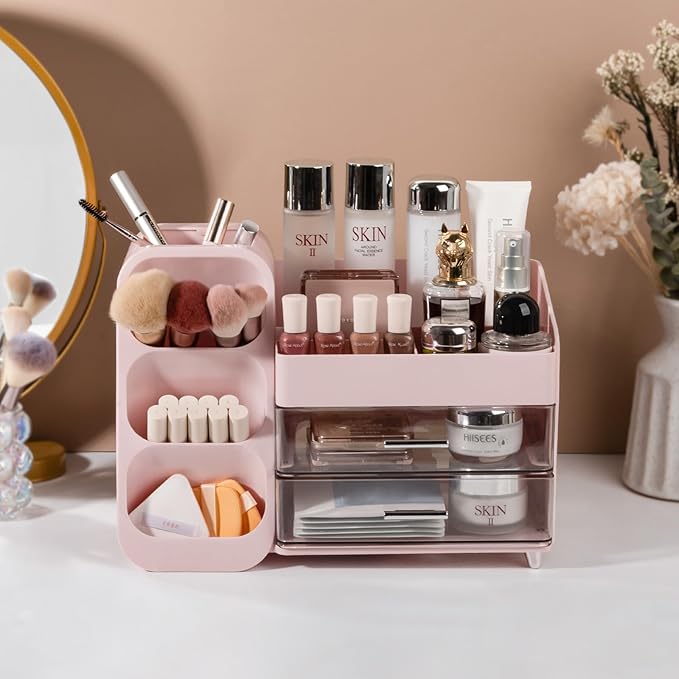 Anyoifax Makeup Organizer with Drawers Vanity Organizer Countertop with Brush Holder Large Perfume Organizer for Dresser Skin Care and Lotion Storage for Nail Polish, Lipsitck, Palettes, Pink