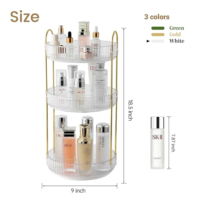 Aveniee Rotating Makeup Organizer for Vanity, 3 Tier Perfume Skincare Organizers and Storage for Bathroom Countertop, Clear Spinning Counter Cosmetic Holder for Dresser (White)