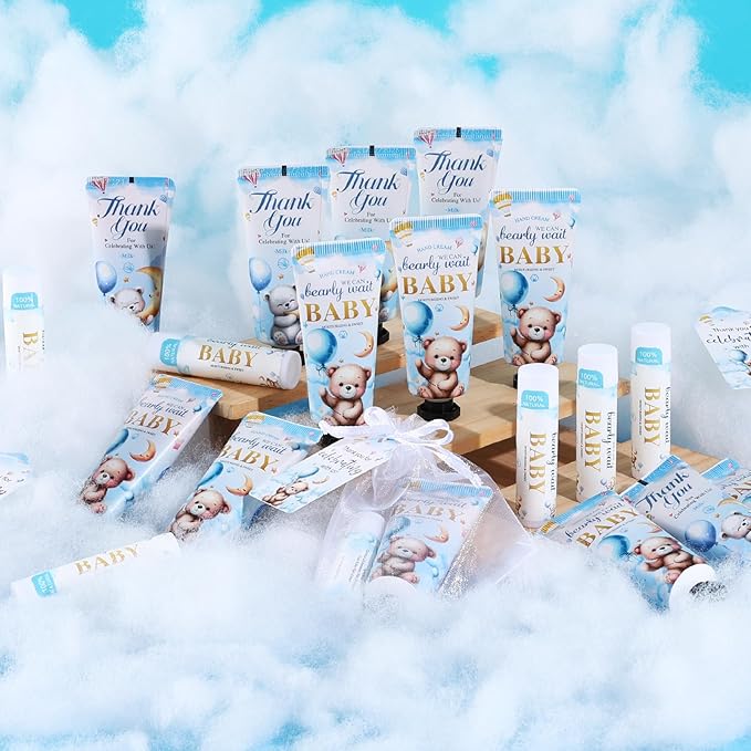 50 Pack Lip Balm and Hand Cream Bulk Gifts Sets, Baby Shower Party Favors and Bridal Shower Favors for Guests with Thank You Card and Organza Gift Bags, Thank You Gifts Bulk, Baby Shower Prizes (Bear)