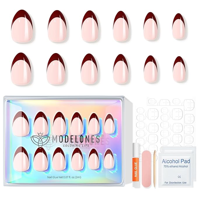 Modelones Press on Nails Almond, Short Red French Tip Fake Nails Chrome, Spring Easter Nail Kit with Nail Glue Adhesive Tabs Mini Nail File, Nails Press Ons 32Pcs 16 Sizes, Women Girl Gift