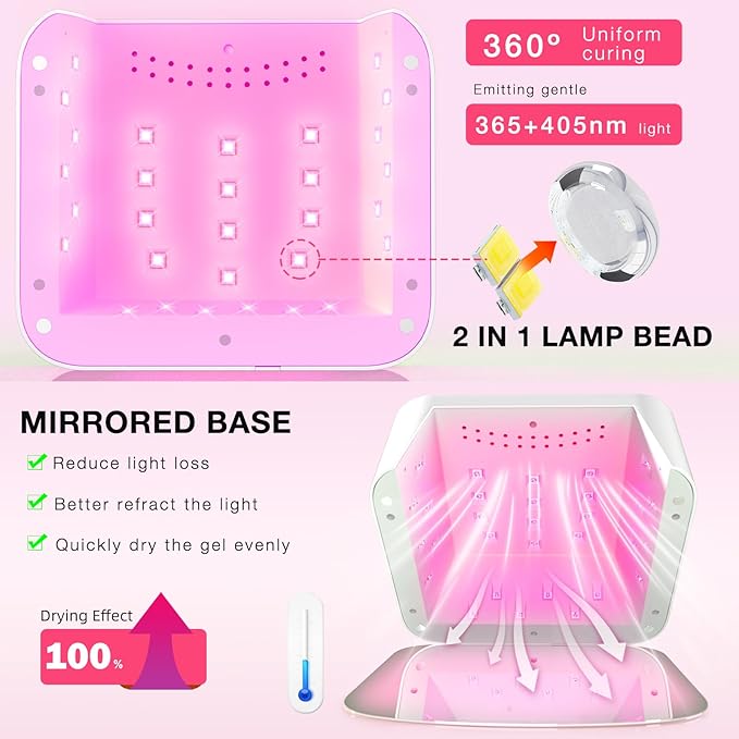 268W Cordless UV Nail Lamp, Rechargeable UV Light for Gel Nails with Unique Knob, New Dual Lamp Beads & Sparkling Rhinestones Diamond, Professional Nail Dryer for Nail Salon & Home (Pink)