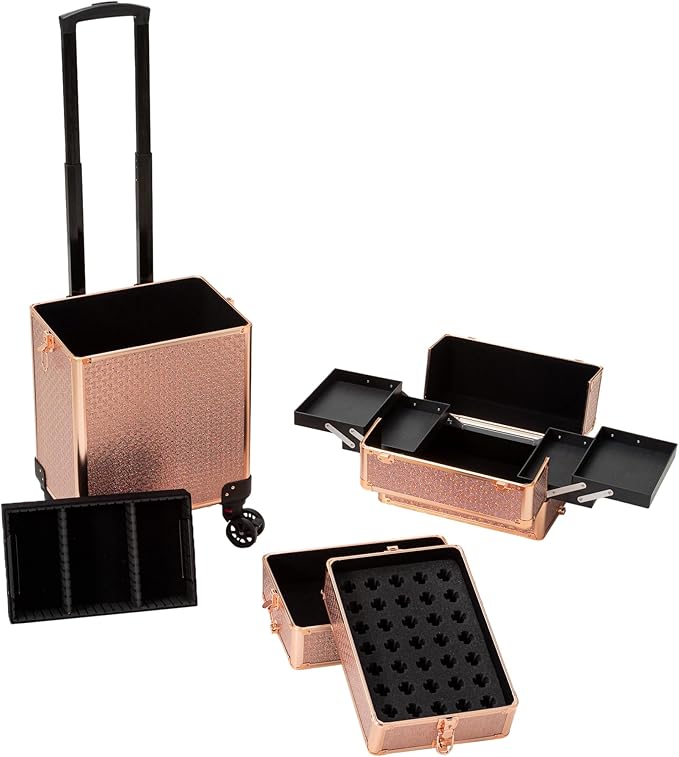 4 in 1 Portable Traveling Aluminum Professional Makeup Trolley Cart with Multiple-Sized Compartments and Wheels (baby's breath gold)