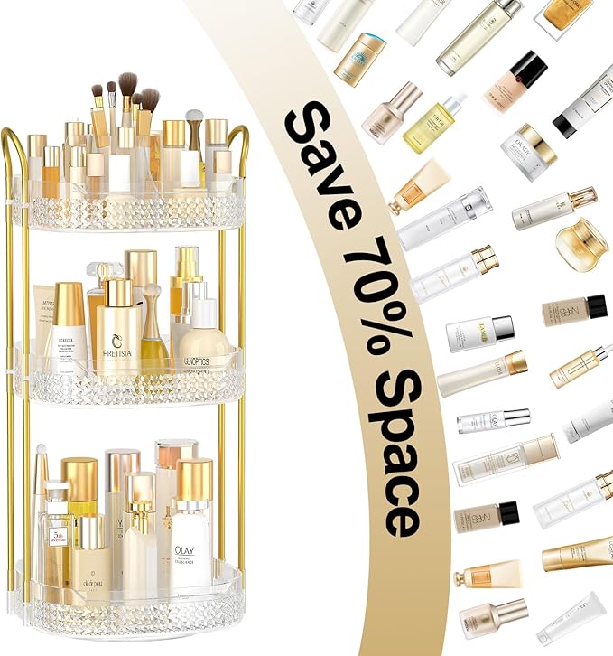 Rotating Makeup Organizer for Vanity 3 Tier, Perfume Organizer with Makeup Brush Holder, Large Capacity Cosmetics Clear Skincare Organizer for Countertop (Transparent)