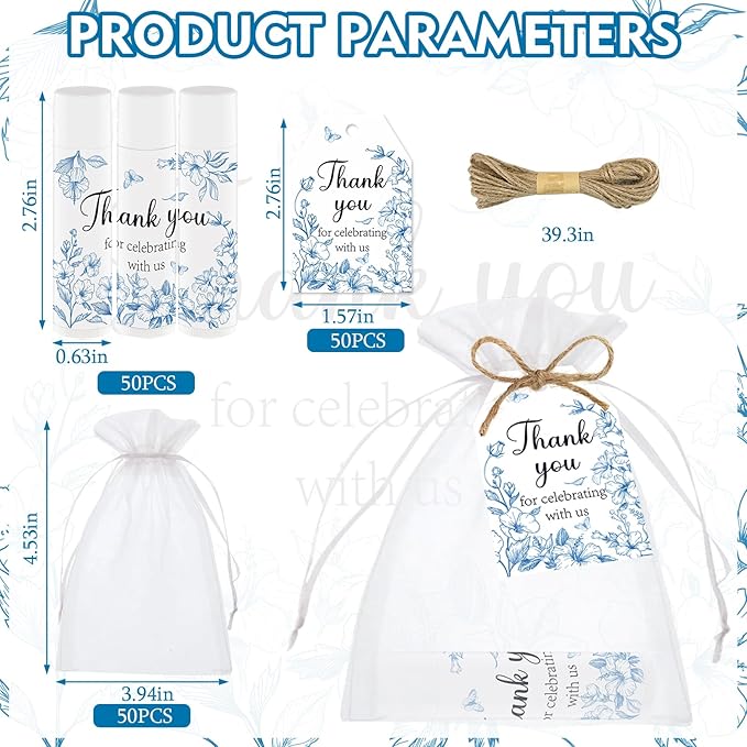 50 PCS Blue Flower Bridal Baby Shower Lip Balm Gift Baby Shower Favor Party Wedding and Engagement Party Bulk Lip Balm Thank You Gifts with Card Tags for Guests (blue flower)