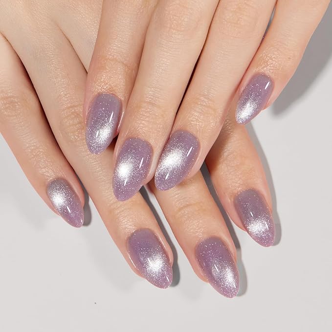 VSALON Short Almond Press-On Nails - Purple Cat Eye Design, Reusable Fake Nails with Nail Glue, Protector Cuticle Oil, Adhesive Tabs & Mini Nail File - 32 PCS in 16 Sizes (Crystal Dawn)