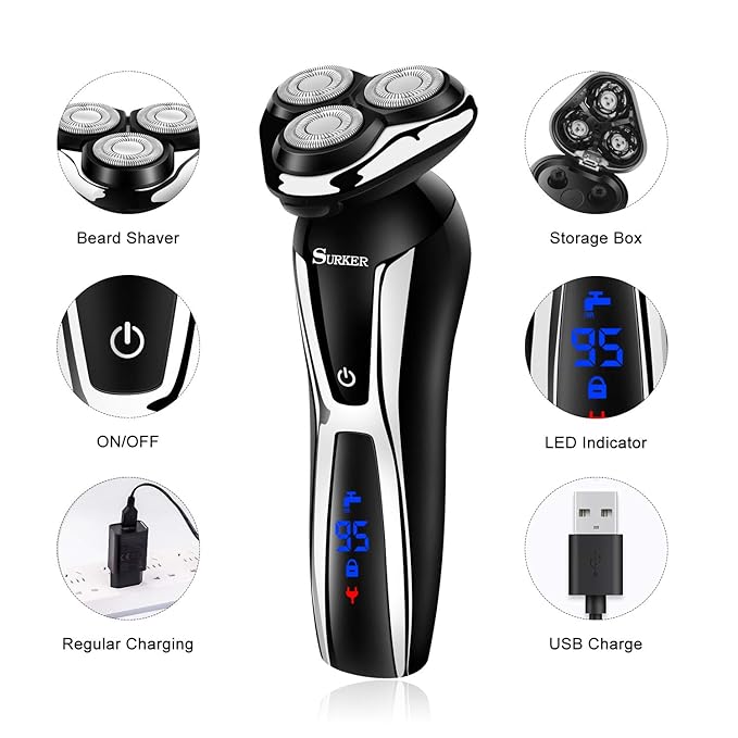 SURKER Electric Shaver Razor Cordless Beard Trimmer for Men Nose Hair Trimmer 3 in 1 Trimmer Grooming Kit Plus 1 Facial Cleansing Brush Waterproof USB Rechargeable Dry Wet