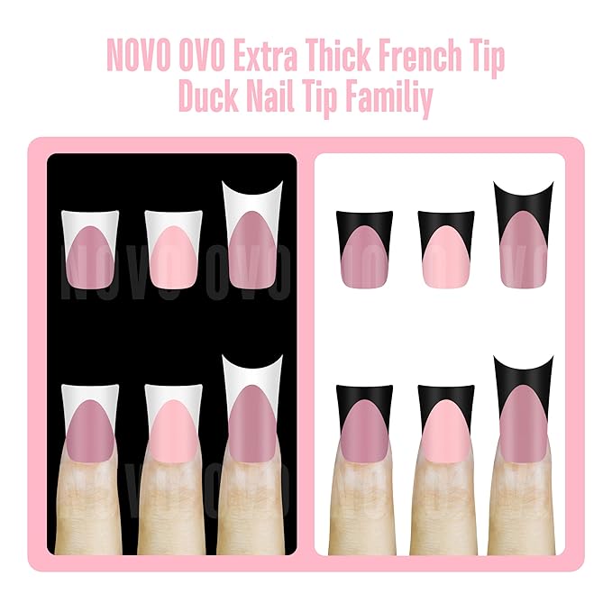 Black French Tip Short Duck Nail Tips Press on, BABY PINK Pre-designed Soft Gel Nail Extension, Extra thick Full Cover Matte Vrial False Nails for DIY x 12 Sizes 240 pcs