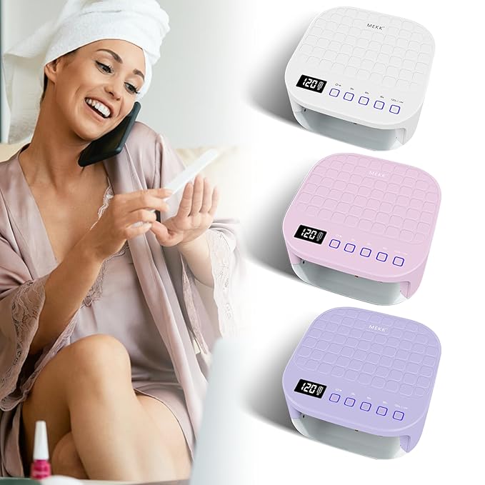 MEKK Cordless UV LED Nail Lamp,54W UV Light for Gel Nails with Hand-Friendly Red Light Beads,Auto Sensor & 4 Timer Settings Professional Flash Cure Lamp for Salon and Home,Checkered Design-Purple