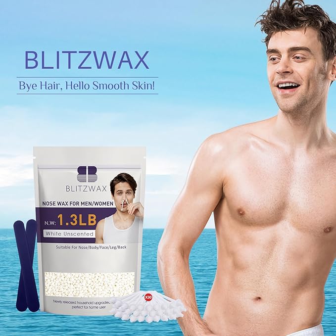 BLITZWAX Hair Removal Hard Wax Beads Unscented 1.3lb Waxing Beans Kit with 30 Nose Waxing Sticks for Sensitive Skin, Face, Back, Body, Brazilian and Coarse Hair, Home Wax Pearls for Men Women, White