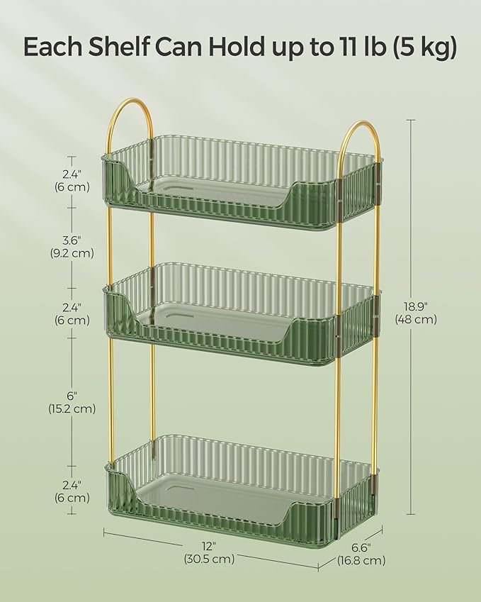 SONGMICS Makeup Organizer, 3-Tier Skincare Organizer Countertop, Customizable, 2 Types of Accessories, Jewelry Holder, for Vanity, Bedroom, Bathroom, Pale Green UJKA013C01