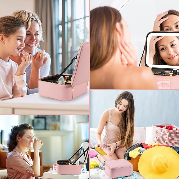 Makeup Travel Train Case with Mirror LED Light 3 Adjustable Brightness Cosmetic Bag Portable Storage Adjustable Partition Waterproof Makeup Brushes Makeup Jewelry Gift for Women