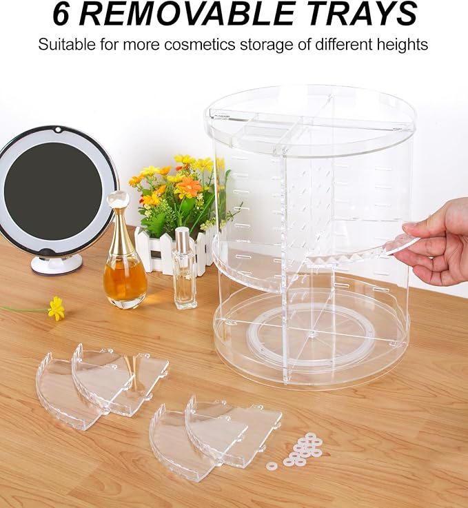 AMEITECH Rotating Makeup Organizer, 360 Spinning Skincare Organizers, 8 Adjustable Layer Cosmetic Storage Case with Brush Holder Perfume Tray for Vanity Bathroom Countertop - Large