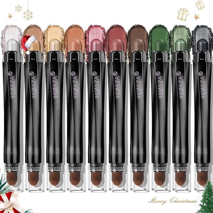 10PCS Eyeshadow Stick,Pro Longwear Cream Eye Shadow Brightener Pencil Crayon Makeup Sticks-Christmas Golden Night