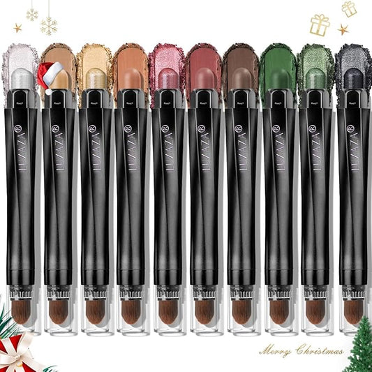 10PCS Eyeshadow Stick,Pro Longwear Cream Eye Shadow Brightener Pencil Crayon Makeup Sticks-Christmas Golden Night