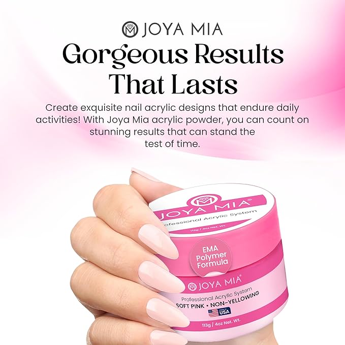 Joya Mia Acrylic Powder for Nails, MMA-Free, Super Adhesion Professional Powder for Flawless & Long-Lasting Nail Enhancements, Easy Application, Vibrant & Stunning Colors - Soft Pink, 4 oz