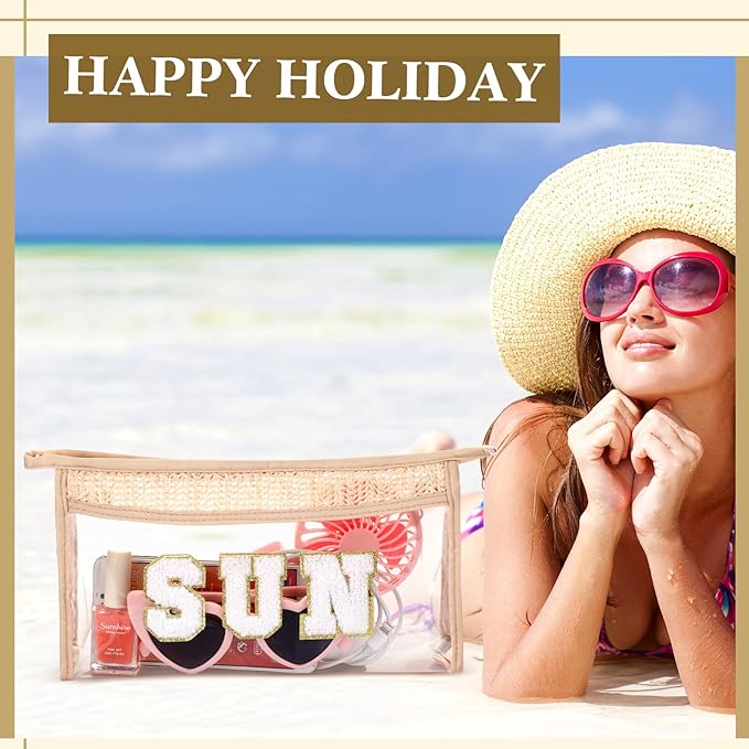 Sanwuta 4 Pieces Preppy Patch Makeup Bag Skin Face Sun Stuff Bag Chenille Letter Clear Straw Cosmetic Bag Waterproof Nylon Toiletry Bag Portable Travel Organizer Zipper Transparent for Women