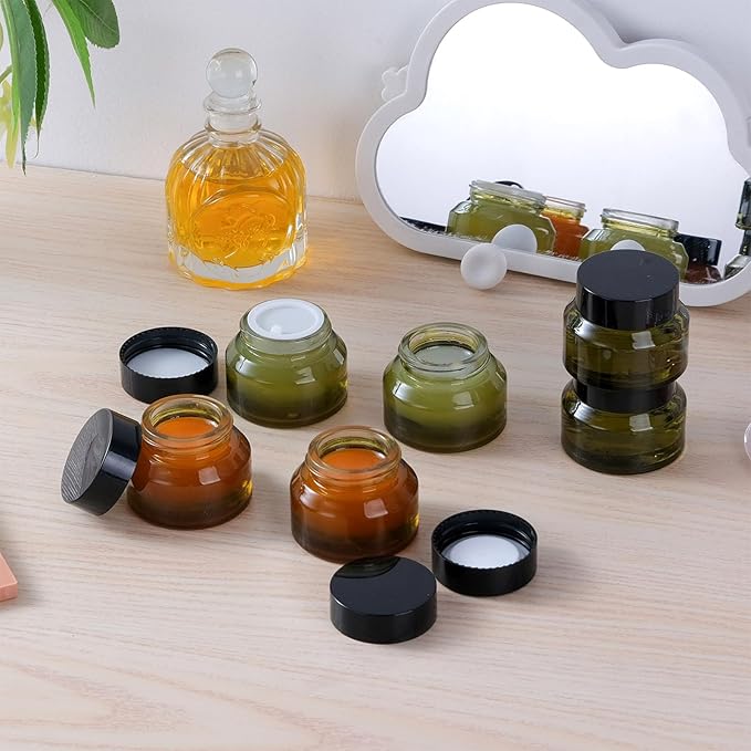 12 pack Glass Cosmetic Jars with Lids Small Lotion Containers for Traveling Green Empty Skincare Container for Face Cream Toiletries Makeup (1oz)