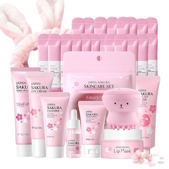 Skin Care Set Sakura Mother's Day Gifts for Mom - Skin Care for Teens 10-12 Gifts Japan - Skincare for Girls 10-12 - Gift Set for Women with Cleanser,Serum,Cream(One Size, 8PCS Sakura Scent)