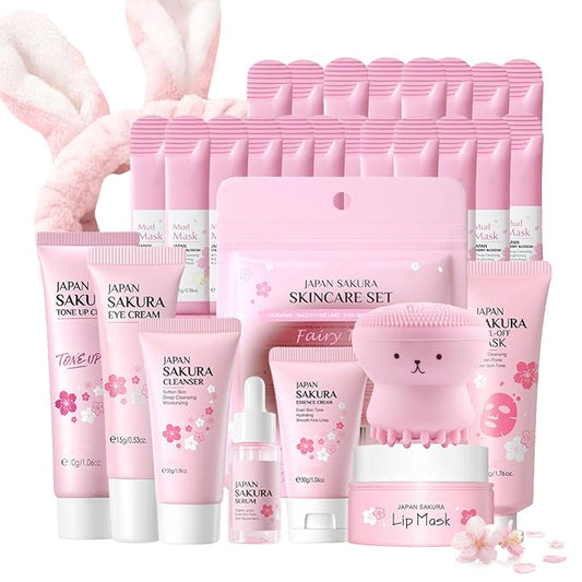 Skin Care Set Sakura Mother's Day Gifts for Mom - Skin Care for Teens 10-12 Gifts Japan - Skincare for Girls 10-12 - Gift Set for Women with Cleanser,Serum,Cream(One Size, 8PCS Sakura Scent)