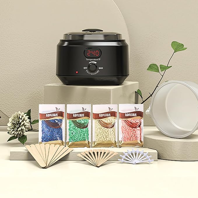 Waxing Kit for Women Men, Digital Wax Kit with Silicone Bowl & 4 Bags Hard Wax Beads, Portable Wax Warmer for Sensitive Skin Full Body Hair Removal, Brazilian Bikini, Eyebrow, Face (Black)