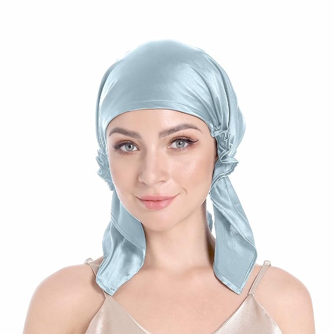 100% Silk Bonnet for Sleeping, Hair Bonnet with Tie Band, Large Silk Sleep Cap for Curly Hair, Silk Hair Wrap for Hair Care (Blue)