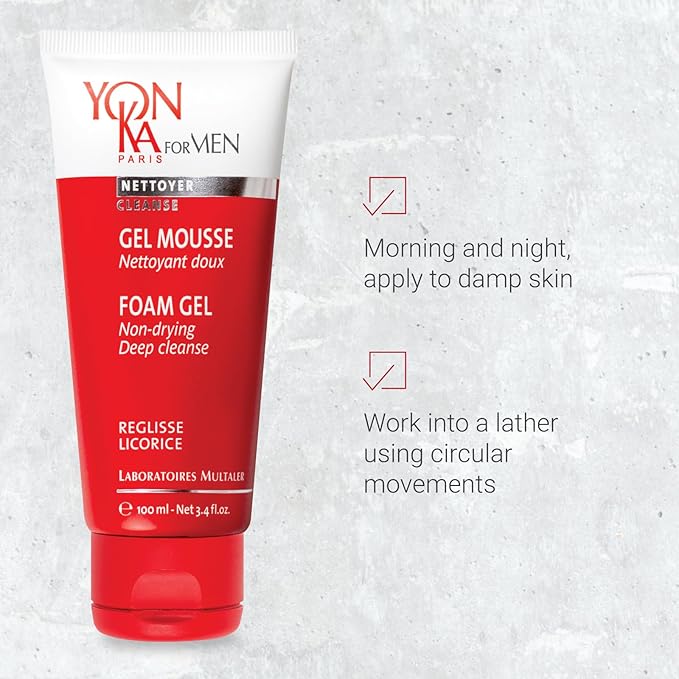 Yon-Ka Mens Foam Gel Cleanser (100ml) Moisturizing Face Wash for Deep Clean, Remove Oil and Buildup with Liquorice for Daily Cleansing