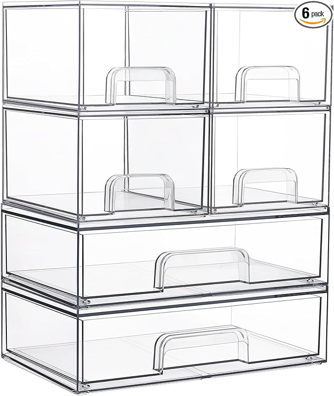 Vtopmart Stackable Storage Drawers Set of 6, Clear Plastic Organizer Bins for Bathroom Supplies,Ideal for Cabinet,Pantry,Laundry Room Organization