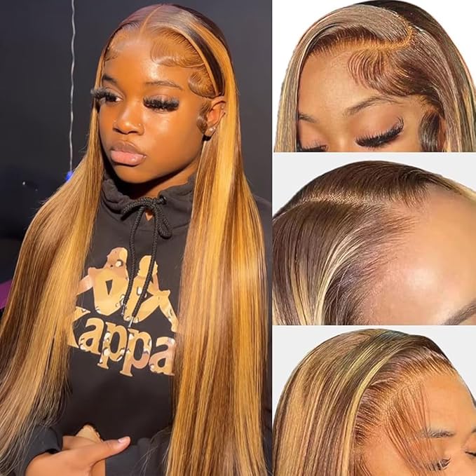 30 Inch Honey Blonde Ombre Lace Front Wig Human Hair 180% Density 13x4 Highlight Lace Front Wigs Human Hair Pre Plucked 4/27 Straight HD Lace Frontal Wig Human Hair for Women with Baby Hair